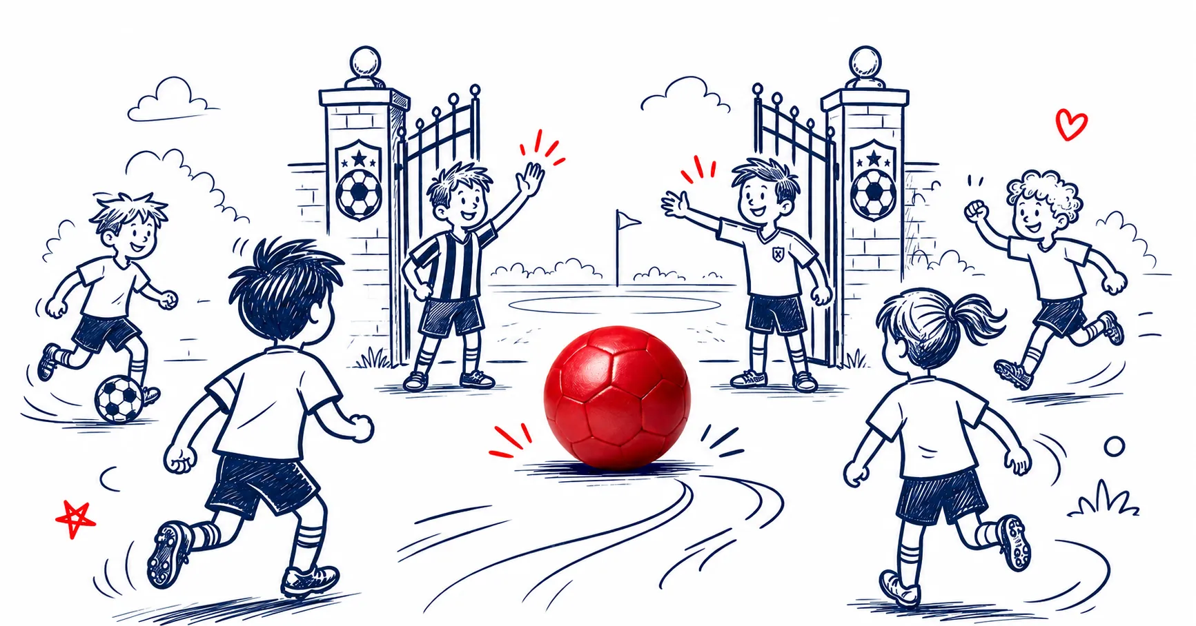 Getekende illustratie: kinderen voetballen samen aan de open poort van de club