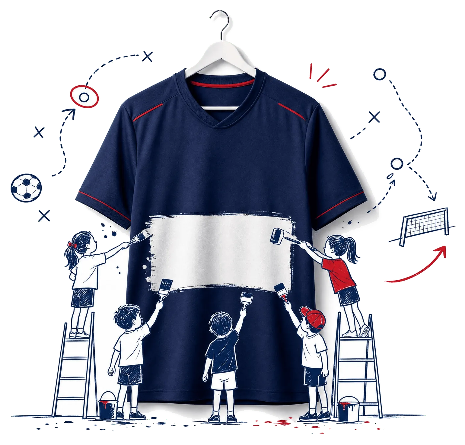 HEBO Jeugd voetbalshirt waar kinderen een leeg wit vlak schilderen, klaar voor jouw sponsorlogo