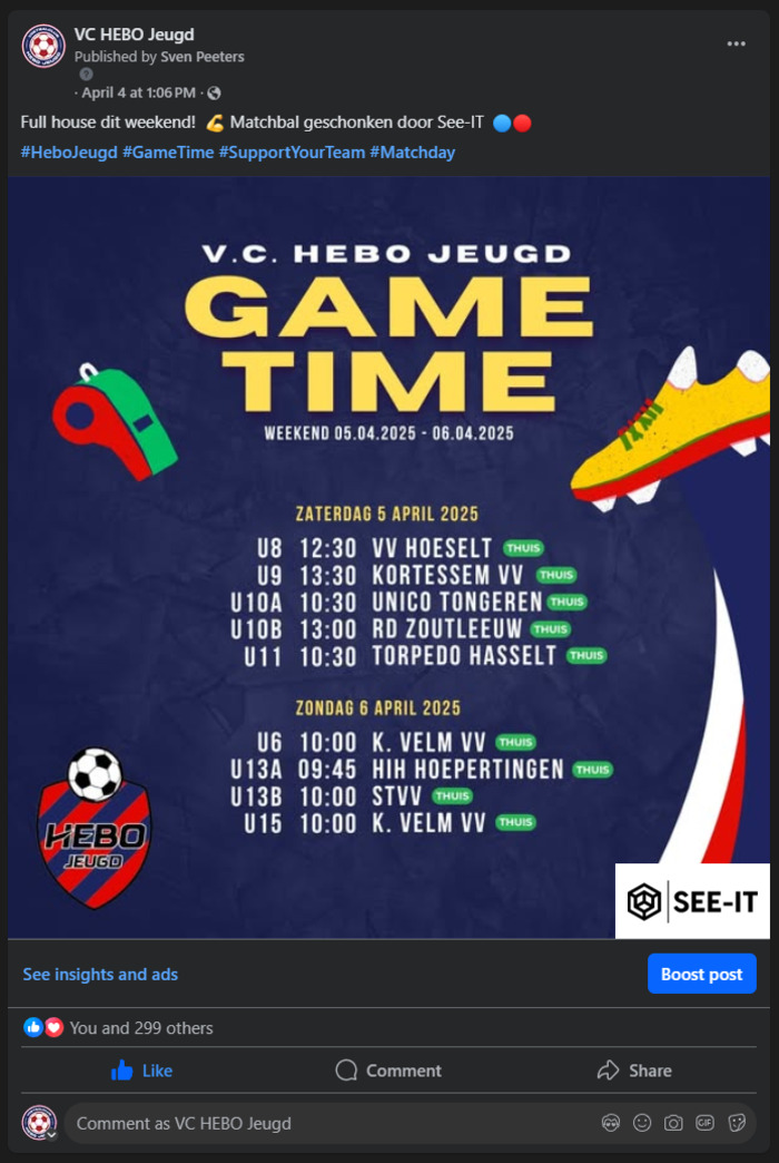 Voorbeeld matchpost op Facebook