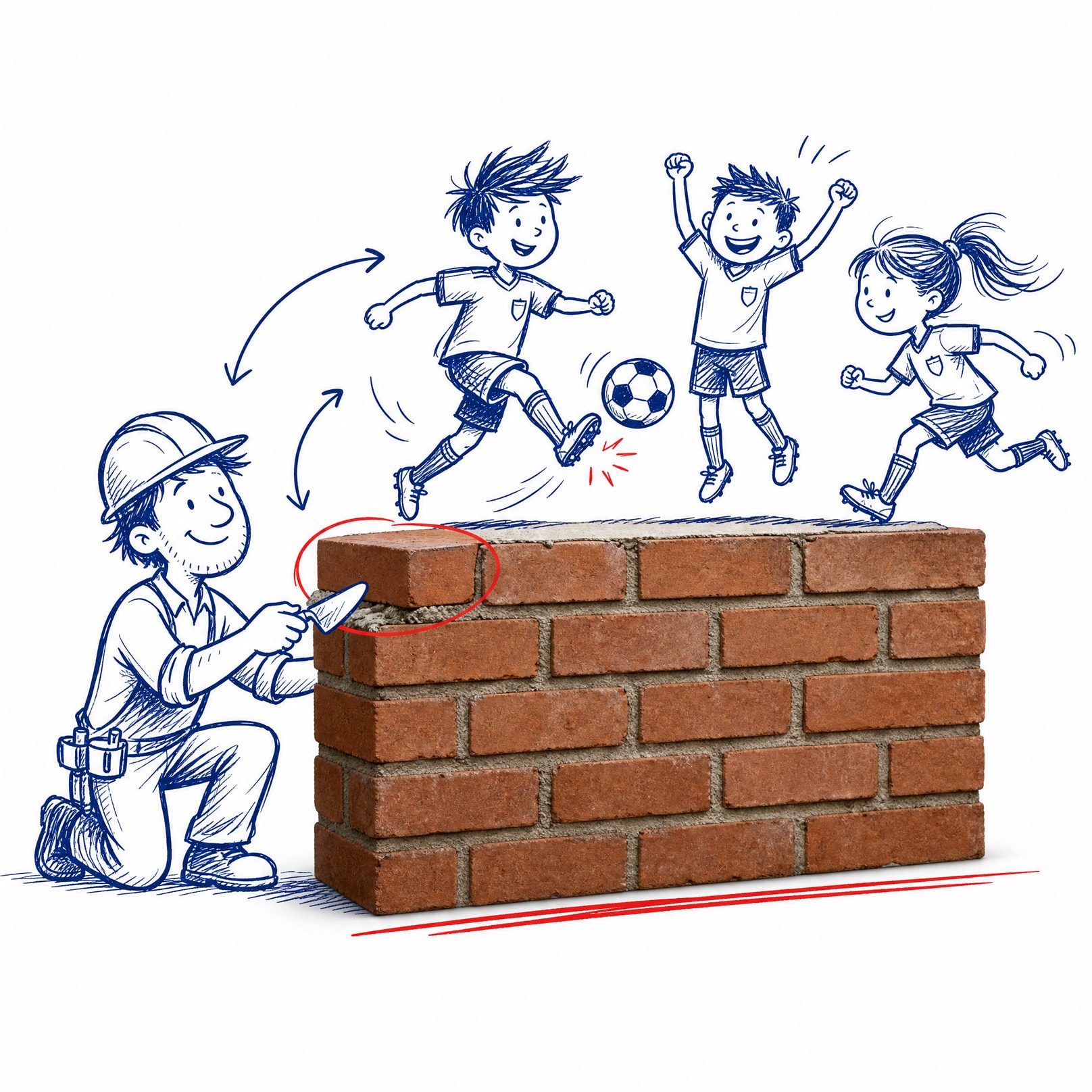 Een metser bouwt een bakstenen muur terwijl kinderen erachter voetballen
