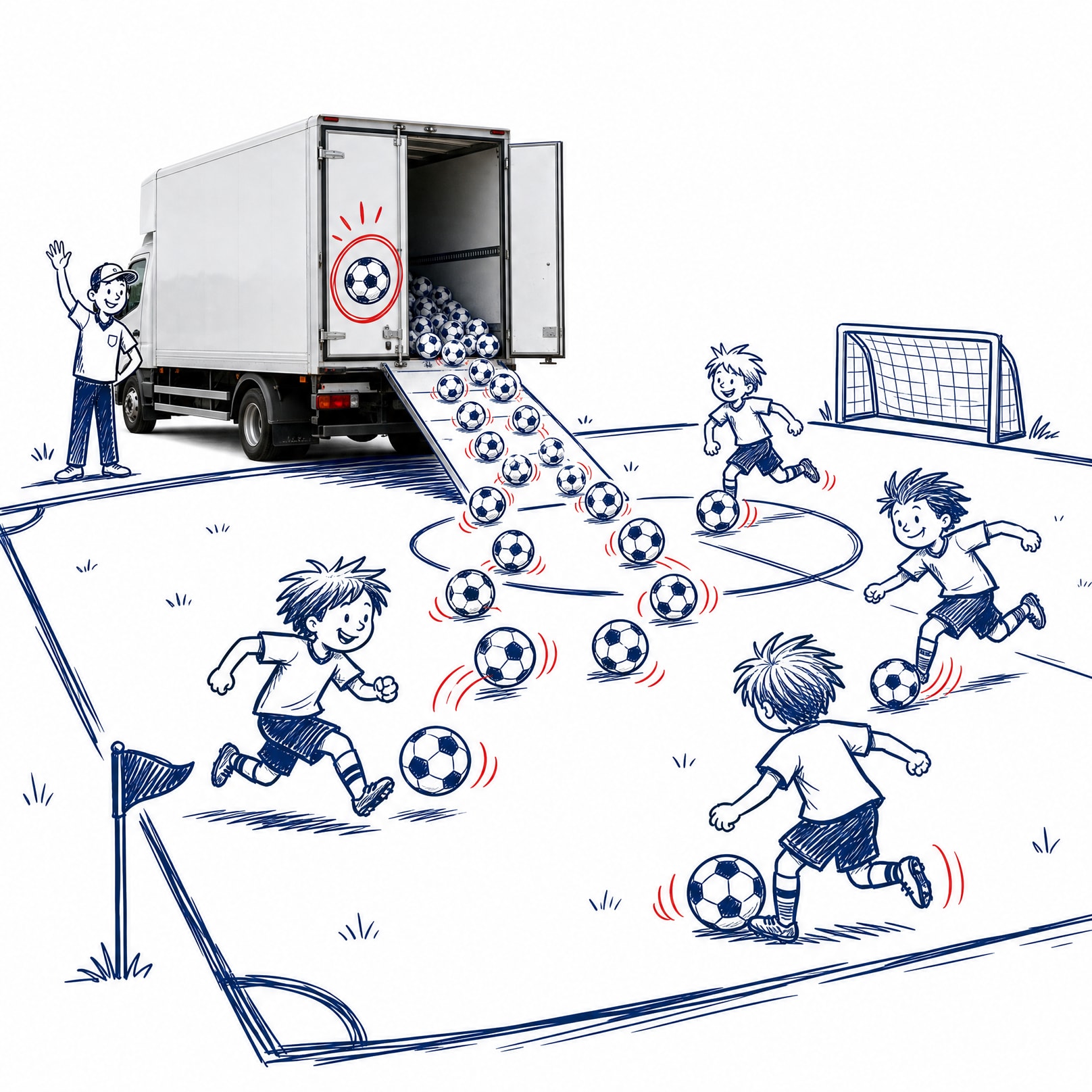 Een vrachtwagen levert een lading voetballen af op het veld terwijl kinderen er meteen mee aan de slag gaan