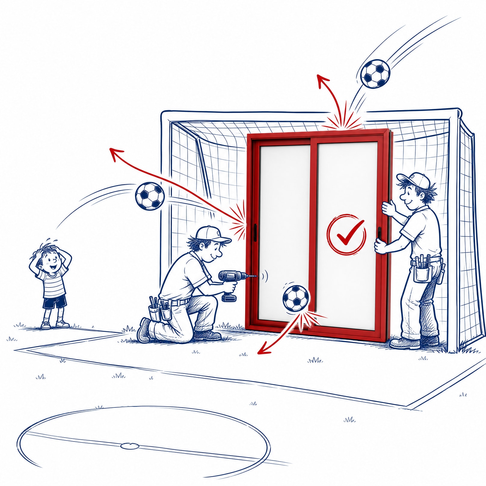Twee plaatsers monteren een rood schuifraam in een voetbalgoal terwijl ballen erop afketsen