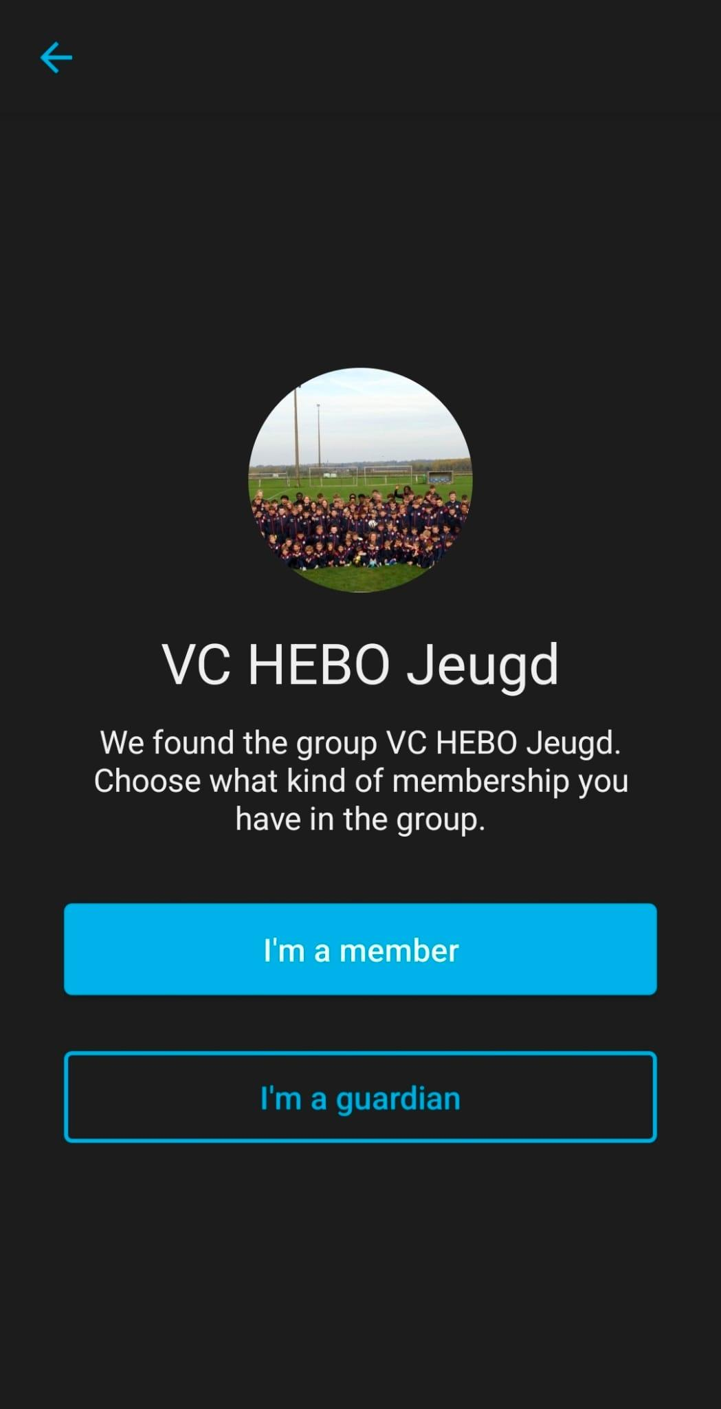 Spond app — keuzescherm tussen "I’m a member" en "I’m a guardian"