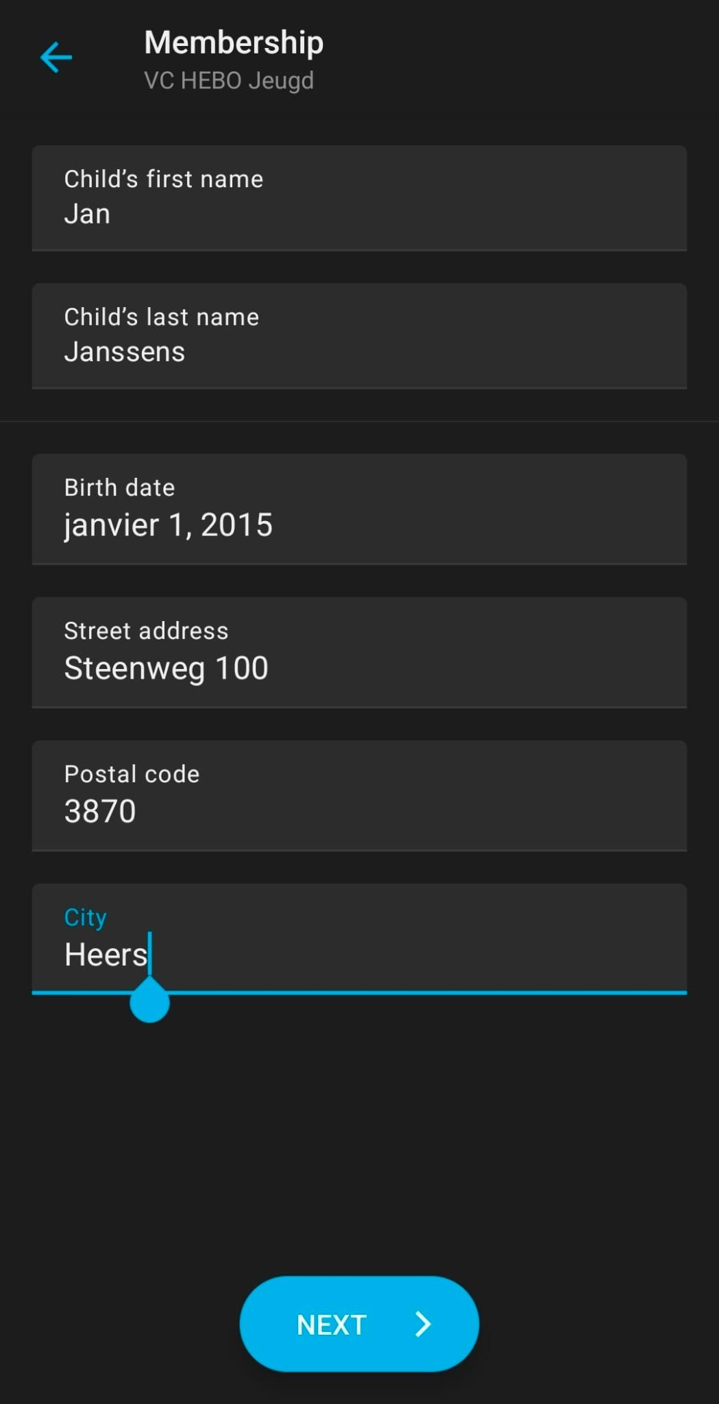 Spond app — formulier met gegevens van het kind