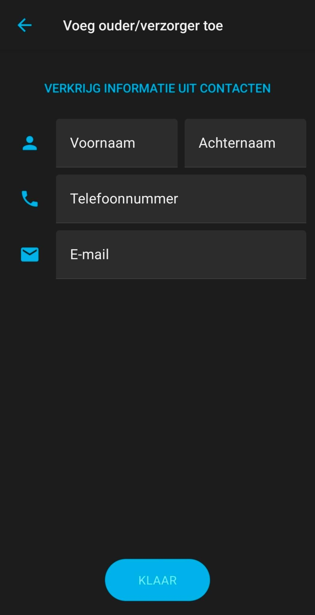 Spond app — formulier met gegevens van de ouder