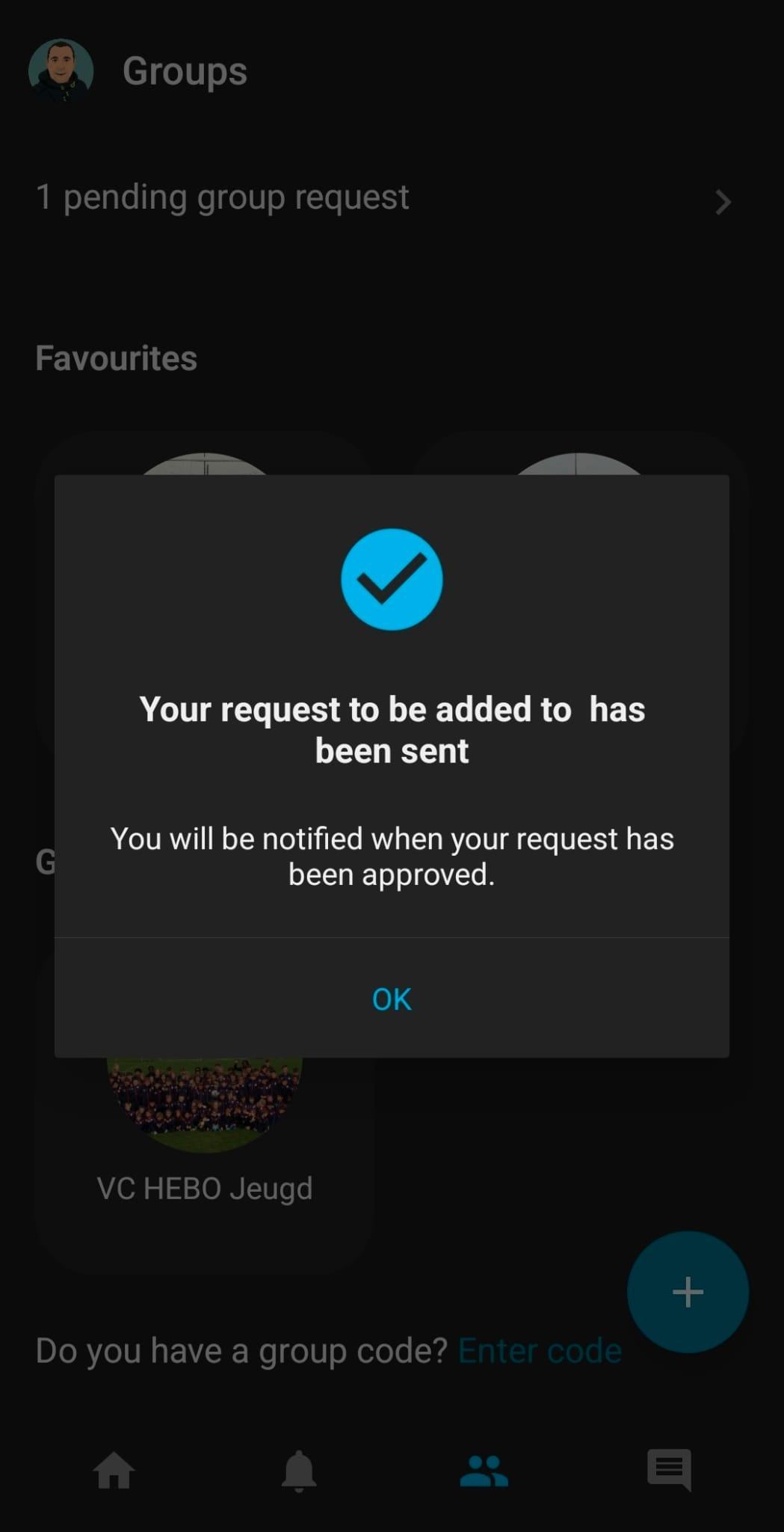 Spond app — bevestiging dat de aanvraag is verzonden