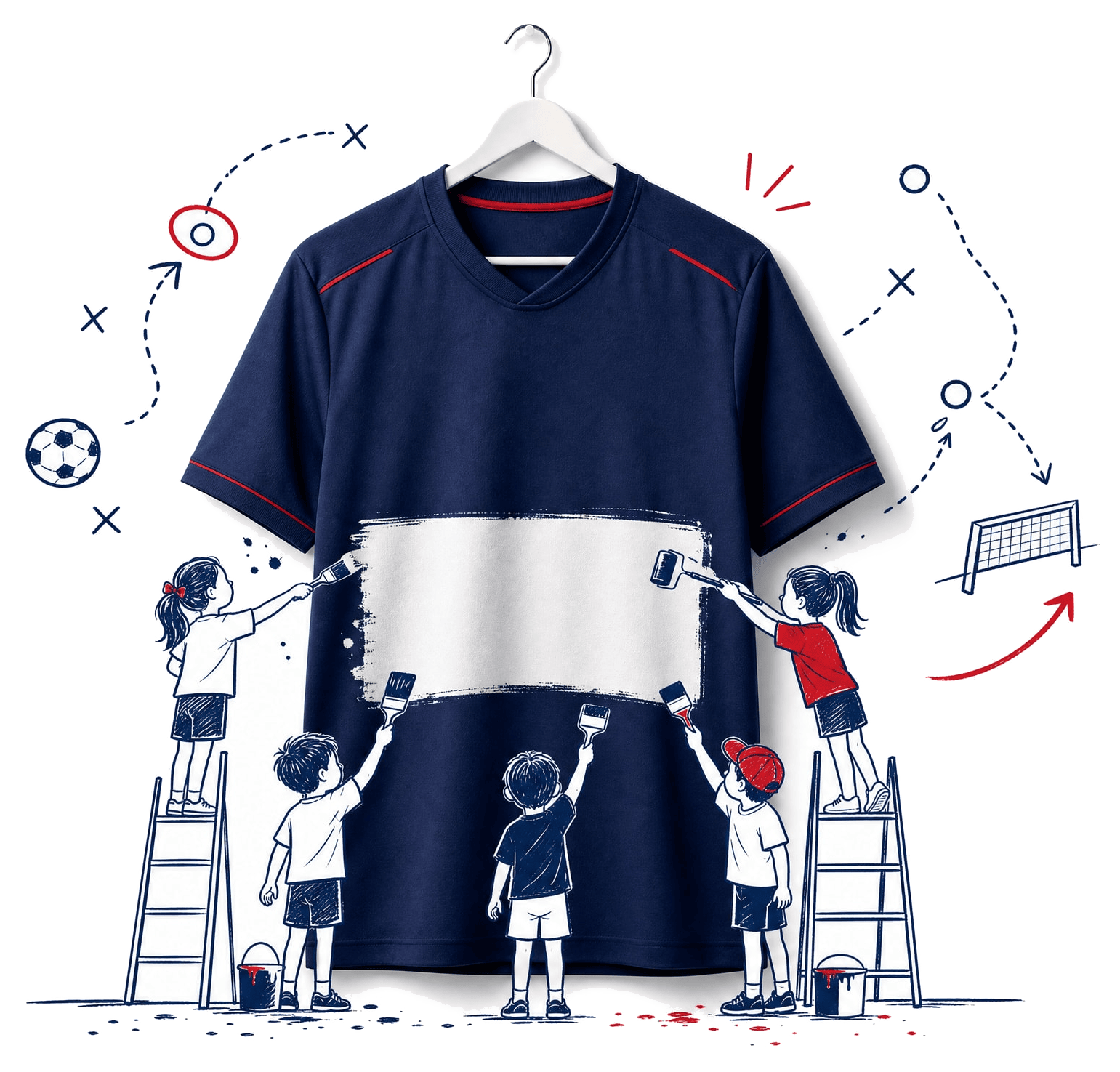HEBO Jeugd voetbalshirt waar kinderen een leeg wit vlak schilderen, klaar voor jouw sponsorlogo